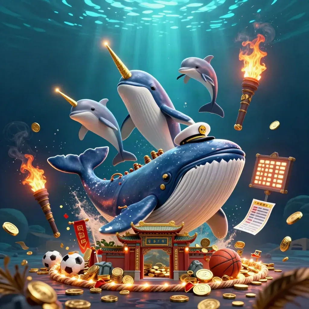 Whale captain, narwhal, and dolphins surge through coins in a neon underwater casino scene.