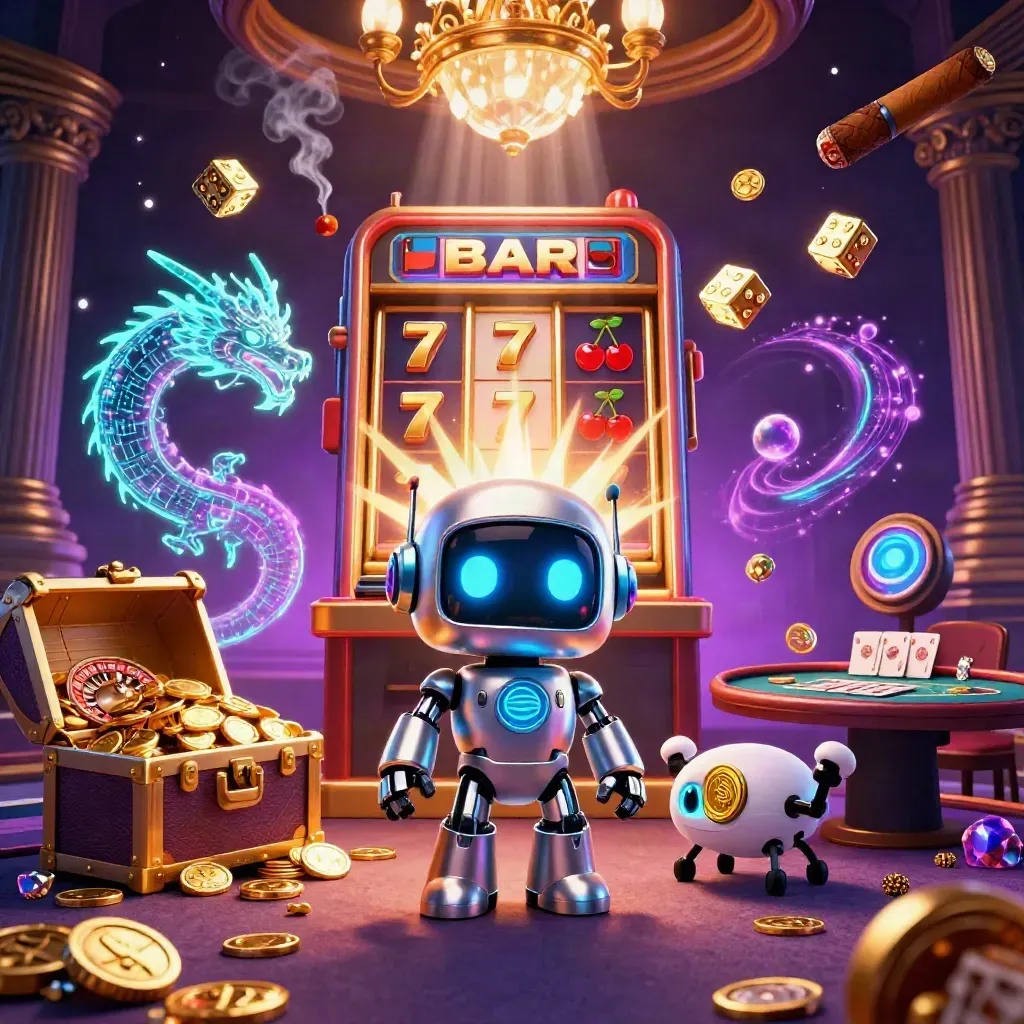 Cyberpunk robot, holographic dragon, and drone in a glowing casino room with slots, dice, and treasure