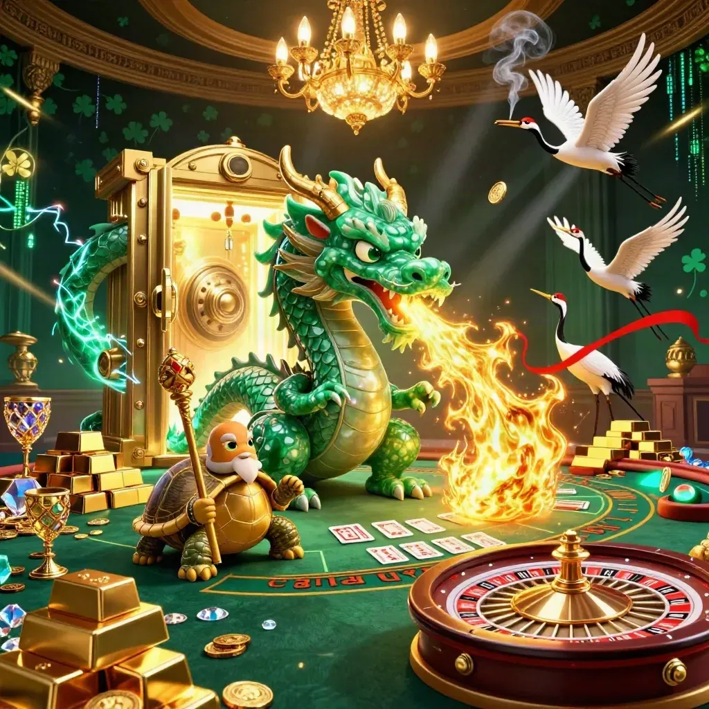 Emerald dragon, turtle sage, and cranes amid casino treasure, gold light, and neon energy.