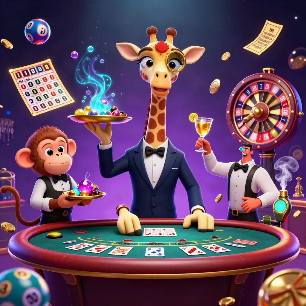 Giraffe, monkey, and chameleon in a luxe casino scene with gold glow and floating game props