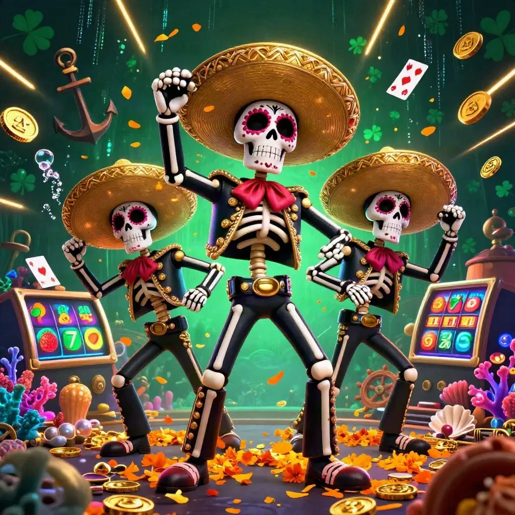 Three skeleton mariachi heroes in a gold-lit underwater treasure cove with coins, coral, and cards