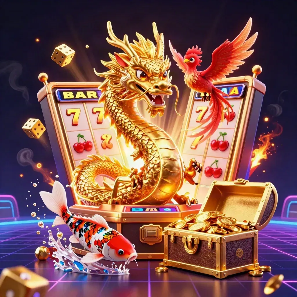 Golden dragon with phoenix and koi erupting from a treasure chest amid slot-machine jackpots and gold