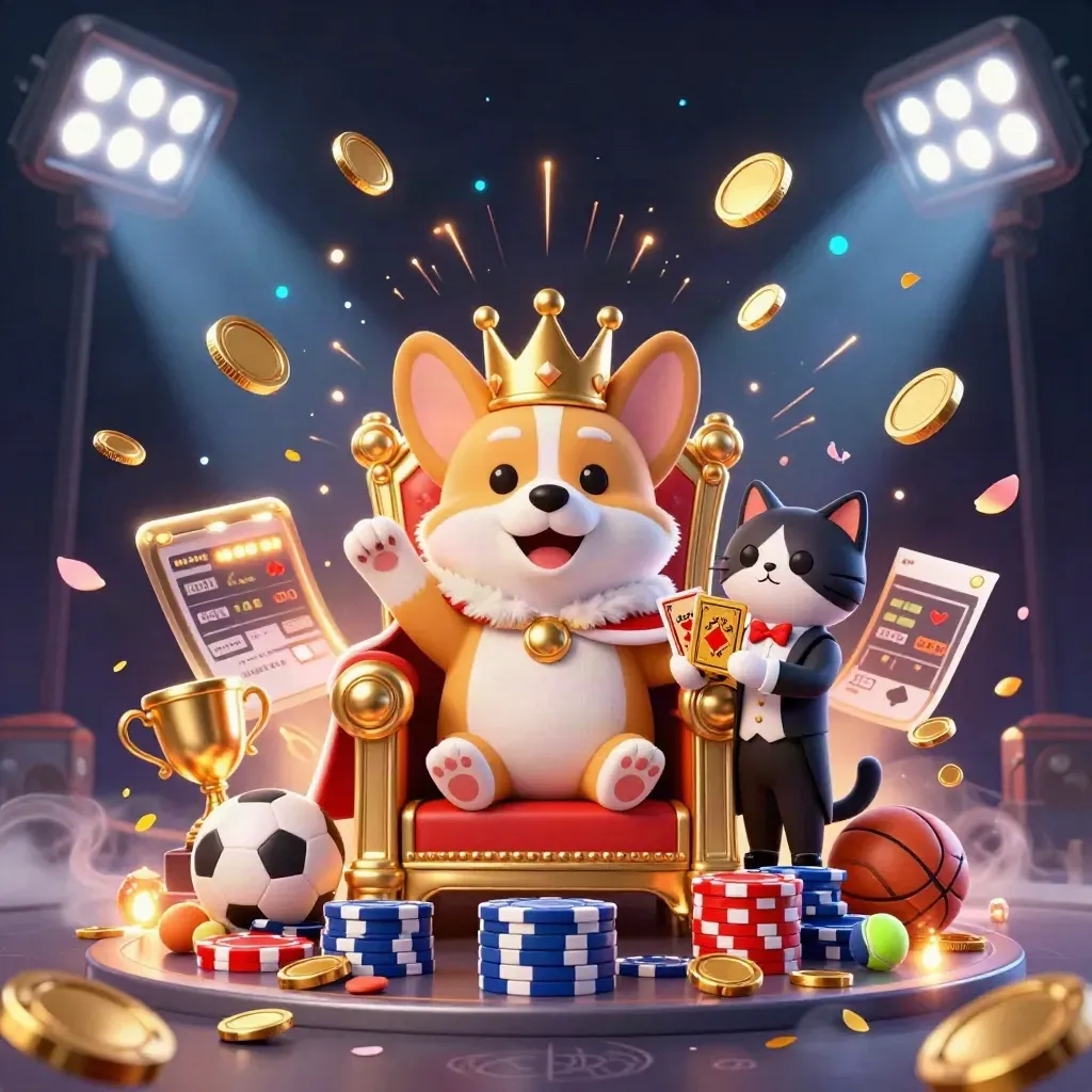 Royal corgi and cat butler amid gold coins, sports balls, vault burst, fireworks, and neon casino lights.