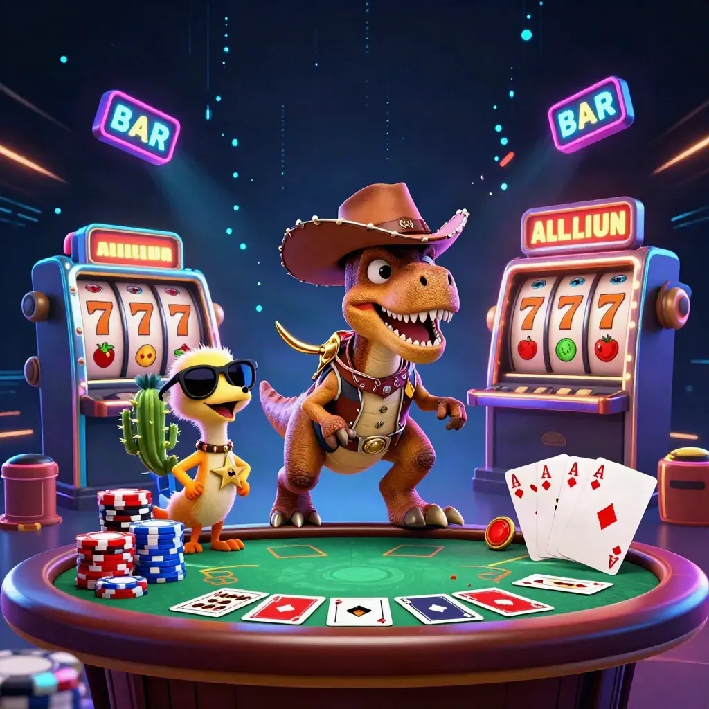 Cowboy T-Rex, cactus sidekick, and sheriff roadrunner amid casino cards, chips, and neon energy
