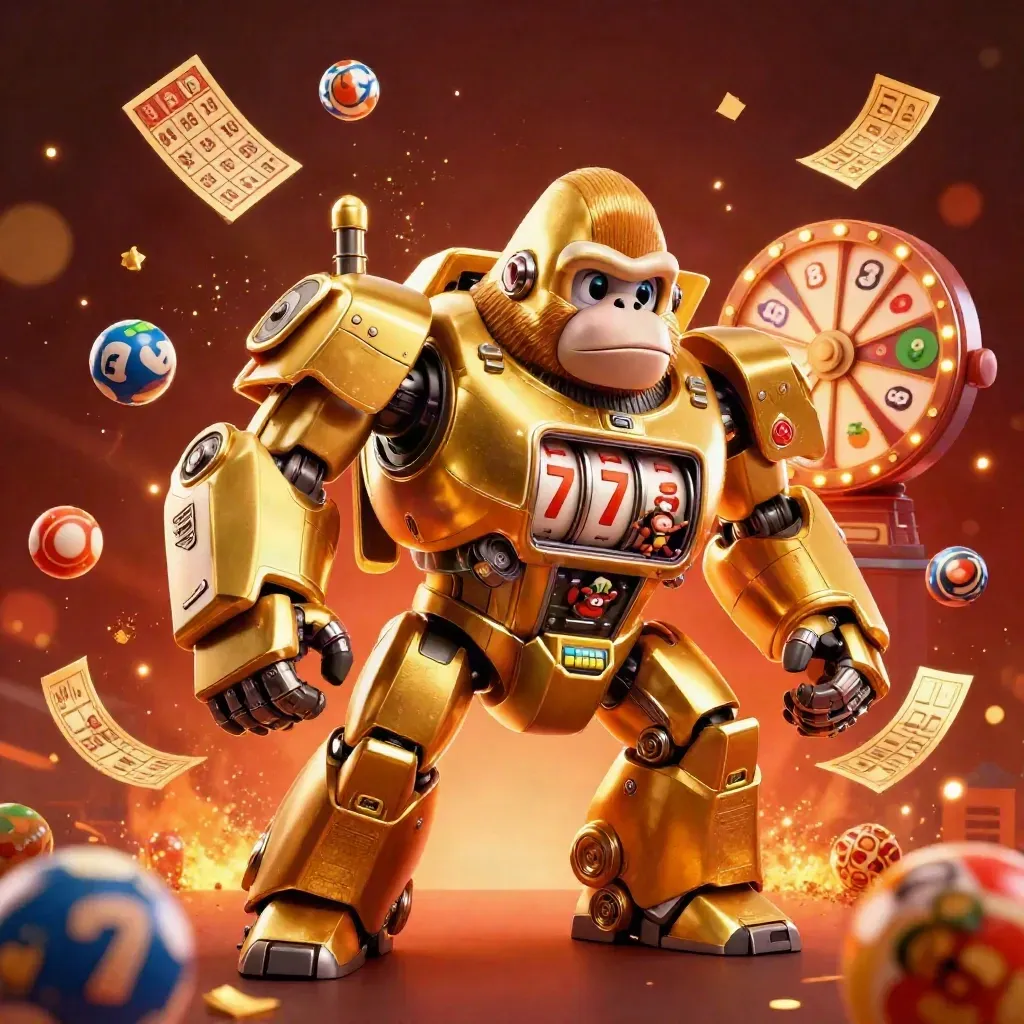 Golden gorilla slot mech with tiny monkey pilot, reels, balls, tickets, and prize wheel on a fiery dark background.