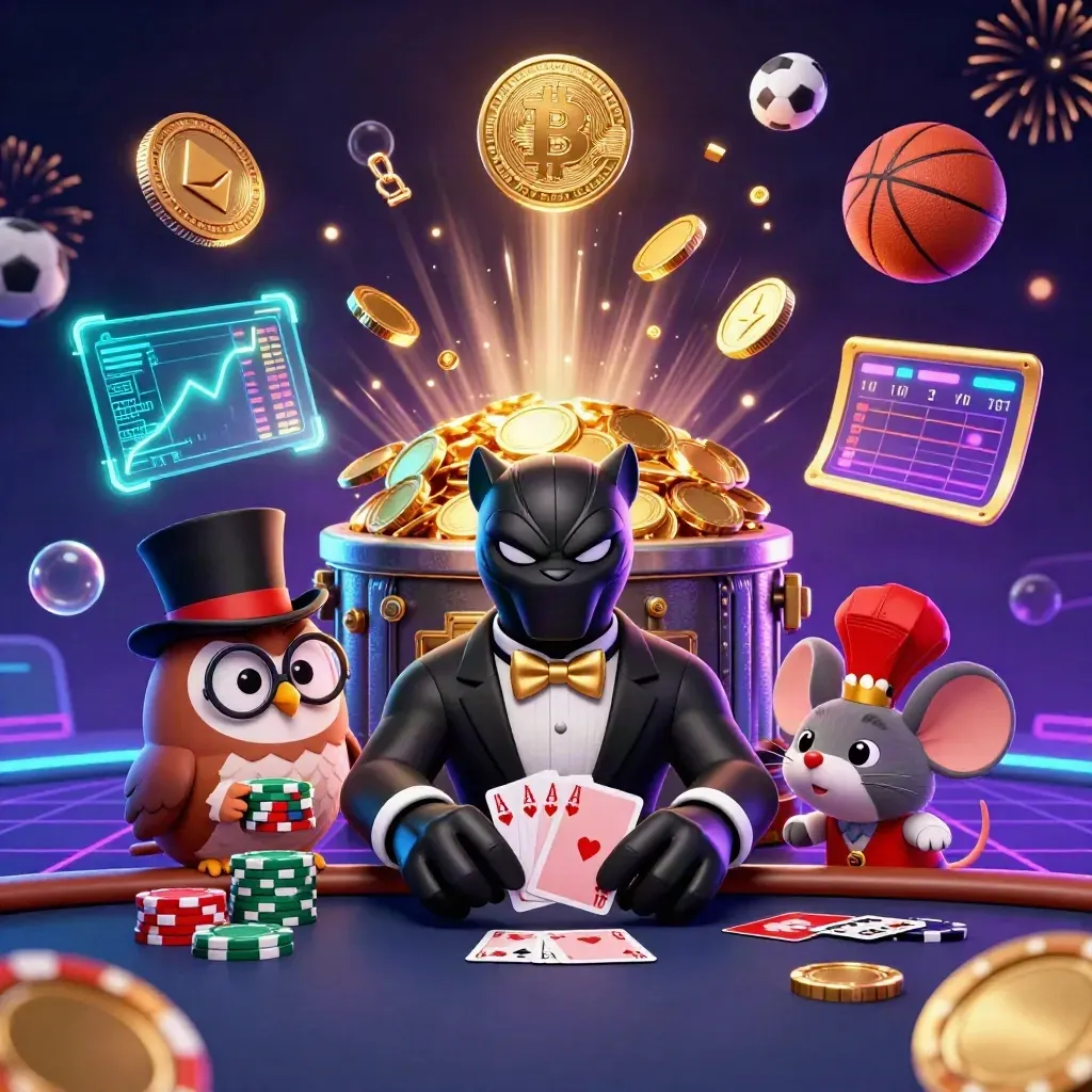 Panther, owl, and mouse amid exploding coins, crypto icons, sports balls, and casino fireworks.